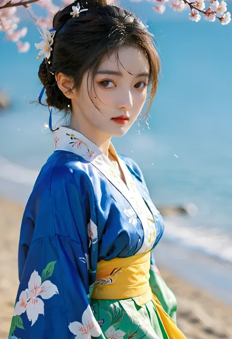 Front view, facing the camera, Korean natic onal costume, no pattern, thick texture, bright blue skirt, silk texture, beautiful girl, seaside, cherry blossoms.bright colors. pral irie. vasation badcore, analysis film, ultra-detailed. interior, surre l, rea...