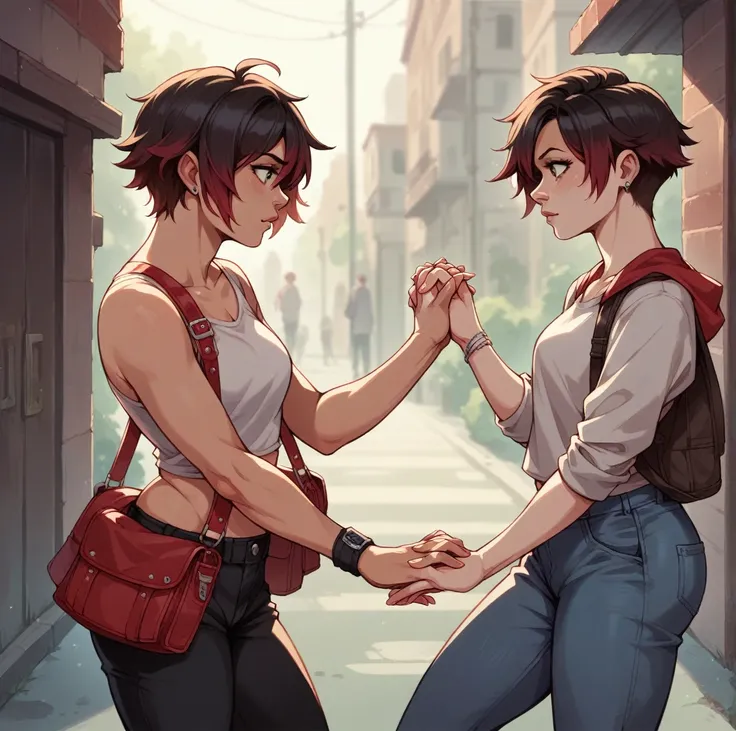 a one woman , with curly red hair, Bullish, dark-skinned , next to actress Ruby Rose with short hair , on the street holding hands 