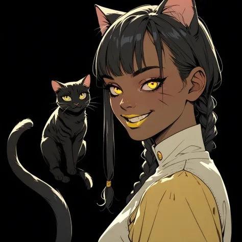 (score_9, score_8_up), score_7_up, zPDXL, Asian, thick, Cat-like girl, Cat ear, double braided hair, Straight bangs with yellow ends, black hair with yellow tips, yellow lipstick, yellow eyes, dark skin, lively smile, tail, very short Yellow blouse, black ...