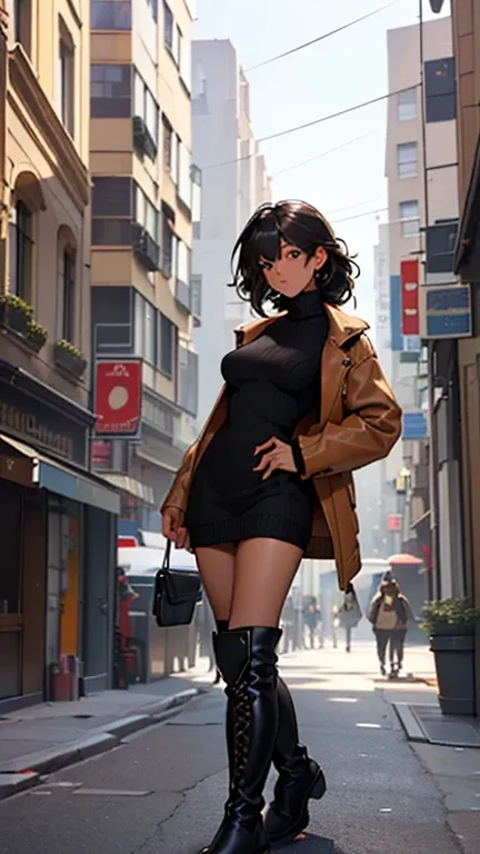 (detailed), (((normal girl))), (Arabic characteristics), ((brown sheepskin jacket)), ((pelo negro rizado free hair)), ((free hair)), (calm face), ((by the width)), ((black high boots)), (((whole body))), ((in the middle of the city leaning on a building), ...