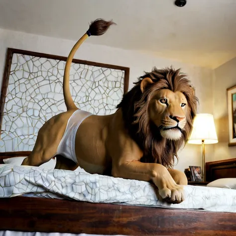 (((solo))),  ((((((feral lion, wearing panties, lion tail, raised tail, leaning on bed)))))), (((((panties lion shaped indent, s...