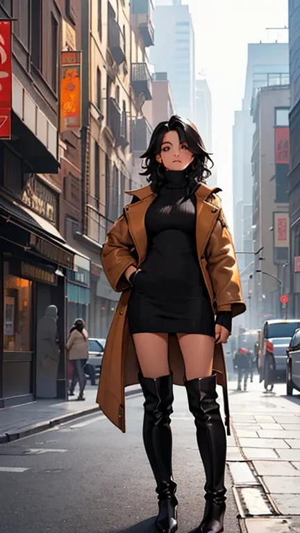 (detailed), (((normal girl))), (Arabic characteristics), ((brown sheepskin jacket)), ((pelo negro rizado free hair)), ((free hair)), (calm face), ((by the width)), ((black high boots)), (((whole body))), ((in the middle of the city leaning on a building), ...