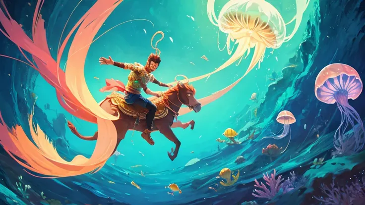 a monkey riding a giant jelly fish, under the sea