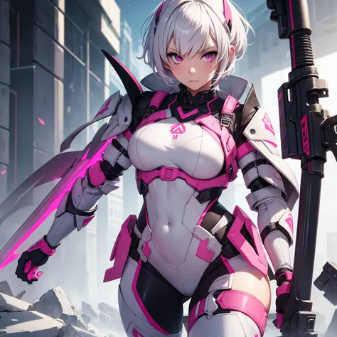 Make a girl with short white hair, pink eyes, with a suit that covers the entire body, Holding a Spear of War