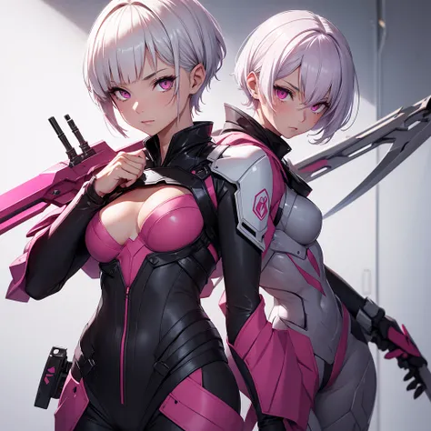 Make a girl with short white hair, pink eyes, with a suit that covers the entire body, Holding a Spear of War