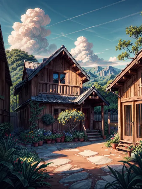 super wide perspective, outdoors, a beautiful white colored old cabin, flower fields, mountains, blue doors and windows, beach side, windy, moody weather, sand, tropical plants, stairs, amazing sky, ghibli anime scene, pots with tropical leafy plants, whit...