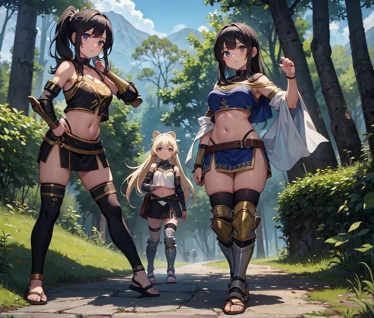 young greek warriors girls in togas , only girls , forest in the background , sandals , BLONDE HAIR , BLACK HAIR , forest in the background , light armor , elbow pads, knee pads, shoulder pads, black armor , sandals , sexy, exposed belly, muscular girl, de...