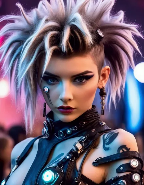 A cute fashion model (age 25, crazy hair, trendy makeup, sci fi leather club outfit, many blinking lights and gadgets), displaying her cyberpunk club wear, fashion show on the runway, full body shown
