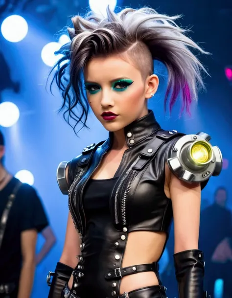 A cute fashion model (age 25, crazy hair, trendy makeup, sci fi leather club outfit, many blinking lights and gadgets), displaying her cyberpunk club wear, fashion show on the runway, full body shown
