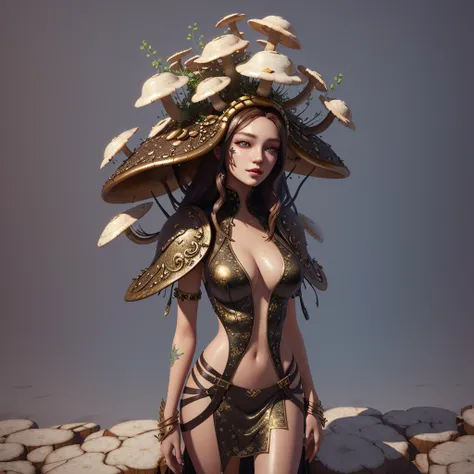 there is a woman with a head made of mushrooms, mushrooms on her head, made of mushrooms, mushrooms growing out of her on her body, myconid, 3 d render stylized, hyperdetailed fantasy character, karol bak uhd, cute detailed digital art, beautiful digital a...