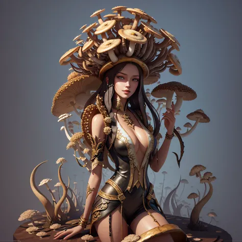 there is a woman with a head made of mushrooms, mushrooms on her head, made of mushrooms, mushrooms growing out of her on her body, myconid, 3 d render stylized, hyperdetailed fantasy character, karol bak uhd, cute detailed digital art, beautiful digital a...