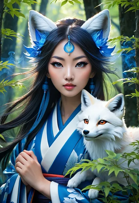 Masterpiece, Extremely detailed, beautiful, perfect face e, close distance shot, (A beautiful kitsune woman peering through the leaves in a dense forest) , {she is surrounded by motes of blue fire}, facing viewer, (dynamic pose) , fox ears, nine fox tails,...