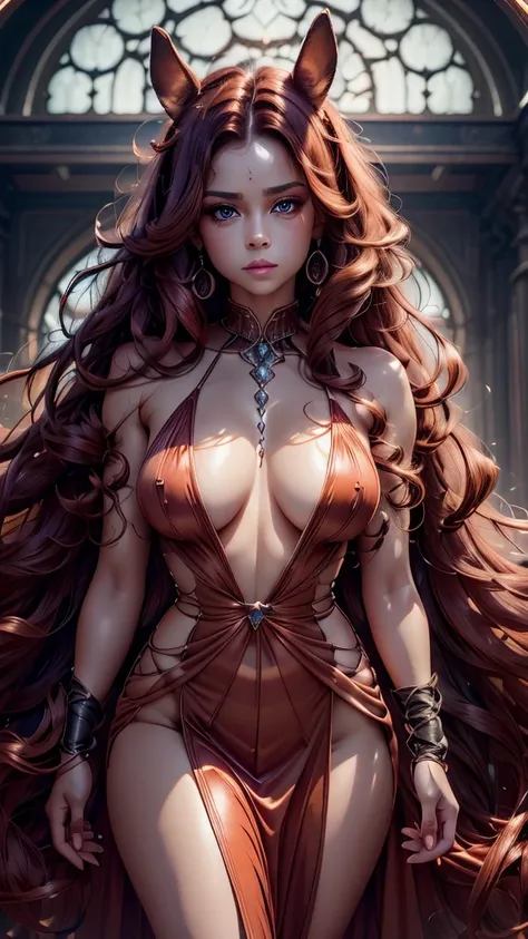 a dark skinned woman with horse ears long curly hair copper red color and amber eyes wearing a chic elegant long dress realistic humanoid.