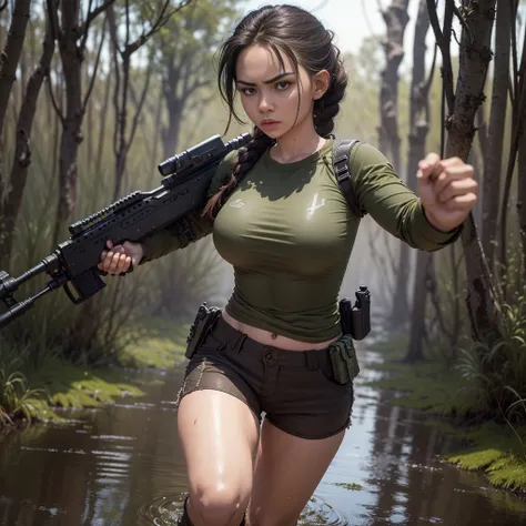 (best quality,8k,photorealistic:1.37), 1girl, realistic skin texture, beautiful marine girl, ((aiming with an assault rifle)), walking in a swamp environment, half body inside the swamp, green t-shirt, braided hair, military gear, military pants, boots, dy...