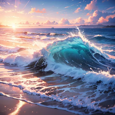 masterpiece, best quality:1.2), illustration, highres, extremely detailed, outdoors, sea, ocean, depth of field,chromatic aberration abuse, pastel color, Depth of field, shiny glary, Light, light particles, glitter,reflect, 3D, bright, splashing water, wav...