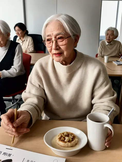 Multiple elderly people，Meeting to discuss the plan，To quarrel with，Chinese aunt，Chinese uncle，White hair，Have a meeting at the company，office，With a badge，Sitting at the table，Big table，sweater，side，65 years old，discourse，Happy expression