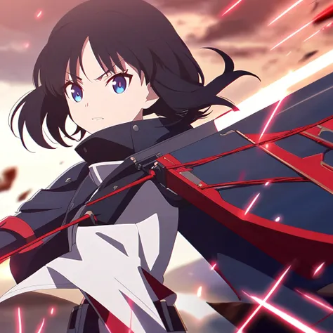 Girl, anime, warrior, short hair with red and blue lines, pretty eyes, black hair, full leather, young, with a fringe in front, epic, with pigtails, warrior clothing