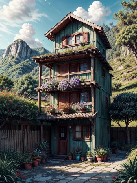 super wide perspective, outdoors, a beautiful white colored old cabin, flower fields, mountains, blue doors and windows, beach side, windy, moody weather, sand, tropical plants, stairs, amazing sky, ghibli anime scene, pots with tropical leafy plants, whit...