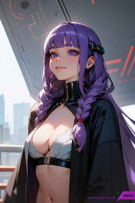 1 Girl, Blunt bangs, Braiding, Wide sleeves, hair ornaments,Obi says, (Purple Hair:1.2), Very long hair, Straight hair, Looking at the audience, Highly detailed background, (Realistic:1.2), Beautiful Eyes, Red eyeshadow, Written boundary depth，thigh, (Urza...