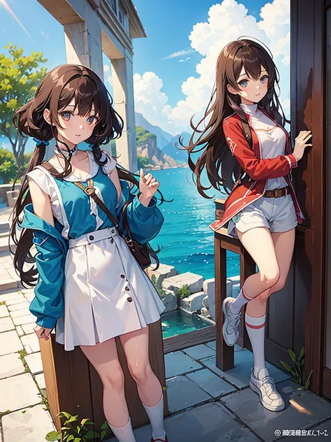 Anime illustration、masterpiece, One girl, Sparrow, Brown Haired Girl, Dressed as an adventurer, Curly shorthair, Messy Hair, The body is slim, Shirt decoration, Ruby Eyes, Baby Face, Small breasts, Beautiful breasts, Long sleeve, Beautiful Eyes, socks&snea...