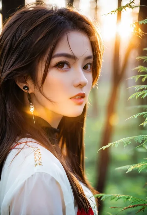 Beautiful mysterious woman with brown hair, Watch the sunset in a beautiful forest  