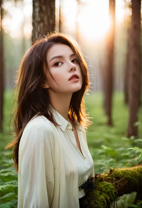 Beautiful mysterious woman with brown hair, Watch the sunset in a beautiful forest  