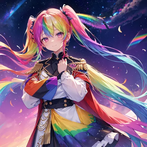 ((((Archangel、Wings many times larger than mine、rainbow gradient feathers))))　(((Fantasy　Rainbow Hair、Blowing in the Wind　Dye the inside of your hair rainbow colors　Twin tails　Dull red eyes　There is a galaxy　uniform、Put on a coat without putting your arms ...