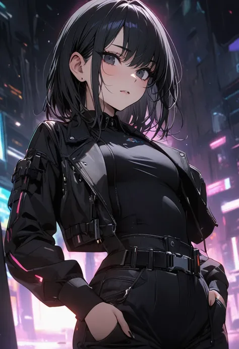 Young girl black hair black eyes cyberpunk high quality masterpiece black suit 