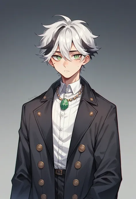 A trans boy (ftm) with medium white hair, black streak in hair, mole under the right eye, greeneyes, skin fair, purple stone necklace, black greatcoat, white blouse under the coat