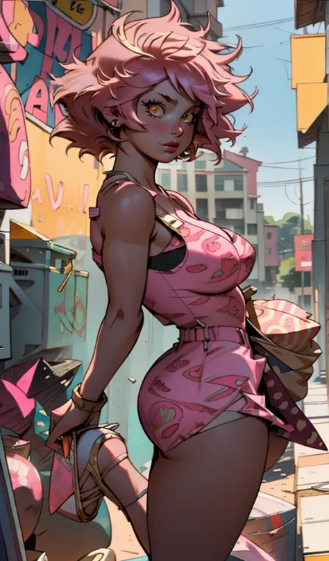 my Hero academia, Mina_Ashido, (((1girl))), voluptuous, ((pink_hair, pink skin, yellow_eyes)), ((highly detailed face))), large_breast, ample hips, insanely detailed accentuated big booty, gorgeous legs, well toned body, great aesthetics, wearing urban sun...