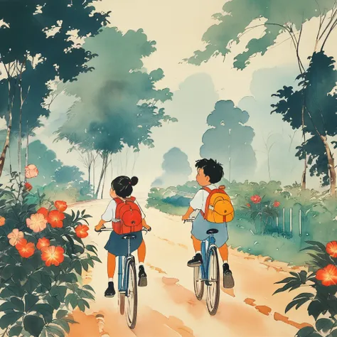 boy and girl riding bicycle go to school