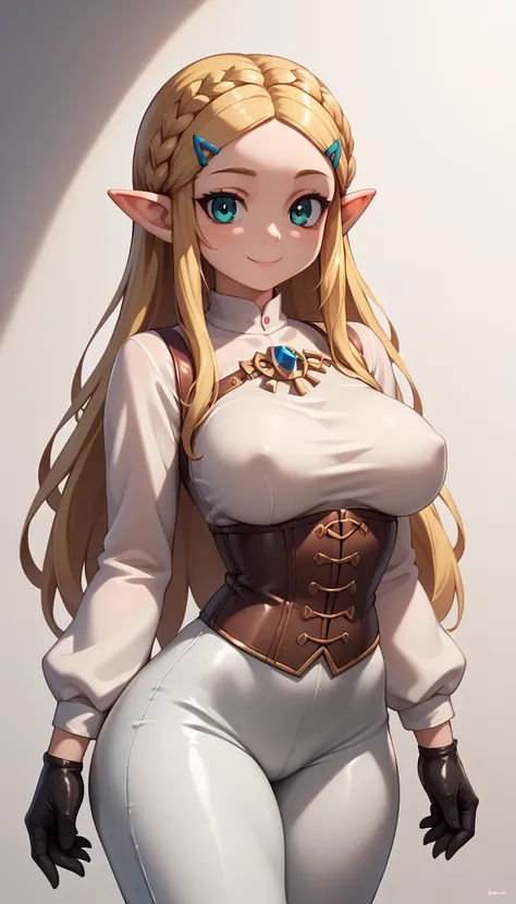 High resolution, Very detailed, perfect lighting, beautiful detailed eyes,   ((masterpiece,Best Quality)), absurdities, alone,     princess zelda, by the width, crown braid, Hair clip, pointy ears, corset azul, long sleeves, Gloves without fingers, black g...