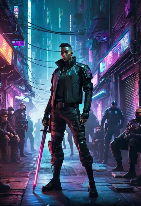 Concept art of a cyberpunk character holding a sword and laser pistol, in the background there is an alleyway filled with police officers surrounded by people. 