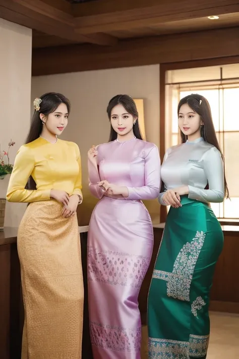 Three Myanmar girls compete with long hair and charismatic beauty owners / smiles, as well as /high hips/a few waists / traditional dresses Clean clothing/sealed silk reflected / decorated silk / artificial / clear maximum image/3D HD