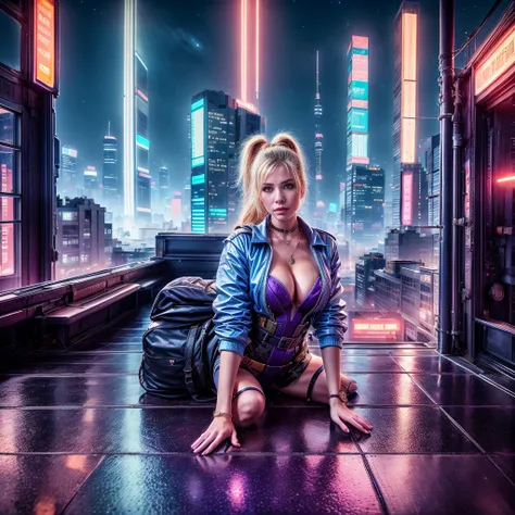 A beautiful European girl, on the roof of cyberpunk building, neon, serious face, wearing purple medieval dress, jewelry, cleavage, full body. She is 24 years old, has blond ponytails and blue eyes. Her cloth is stylish and her overall appearance is stunni...