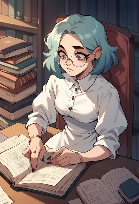 Owl woman, reading a book, wearing glasses, white dress with black details