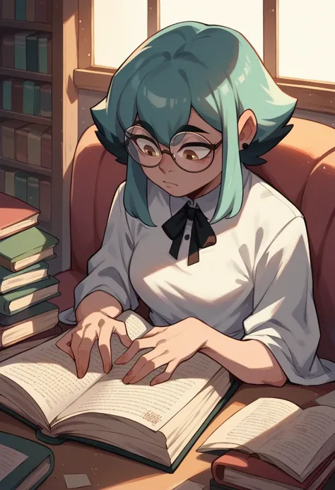 Owl woman, reading a book, wearing glasses, white dress with black details