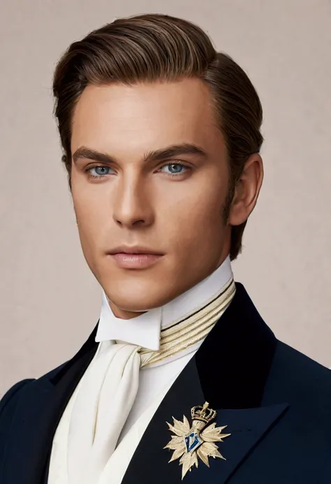 Prince of Monaco in Victorian times aged 29 with a.face: He has a sculpted face with defined features, a strong and well defined jaw, and high cheekbones that give it an air of nobility and distinction.
eyes: His eyes are deep blue or emerald green., with ...