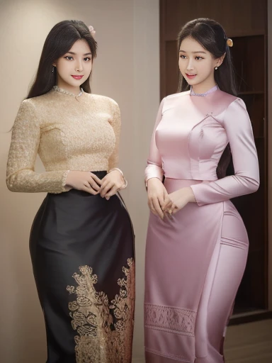 Three Myanmar girls compete with long hair and charismatic beauty owners / smiles, as well as /high hips/a few waists / traditional dresses Clean clothing/sealed silk reflected / decorated silk / artificial / clear maximum image/3D HD