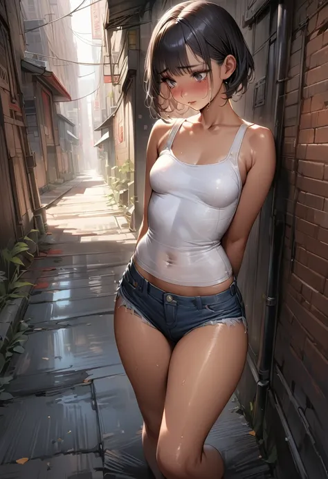 ((masterpiece,Highest quality:1.3,best quality illustration)),(realistic:1.2)、cowboy shot,独奏,1woman,(Mature Beauty),black hair,(very short bob hair),bangs,black eyes,(gorgeous big eyes),(very small head),shy,tears,(very long body,skinny,slender body,tan sk...