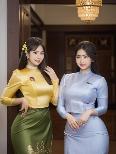 Three Myanmar girls compete with long hair and charismatic beauty owners / smiles, as well as /high hips/a few waists / traditional dresses Clean clothing/sealed silk reflected / decorated silk / artificial / clear maximum image/3D HD