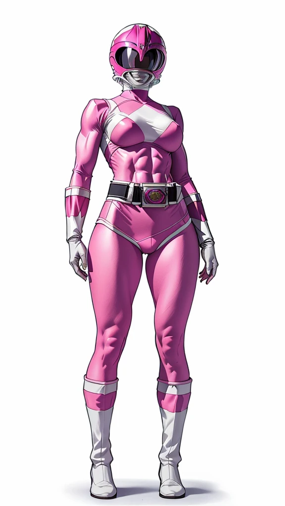 ((full body)),White Background, Are standing, Looking down at Pink Ranger, Helmet, Large Breasts, Narrow waist, Toned Abs, Muscle stiffness,