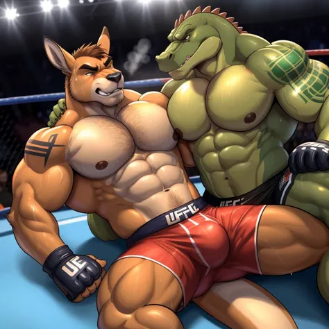 Duo male(Brown Kangaroo vs Green Gator, handsomes, handsome hairstyle, tails, Thick eyebrows), gay(Lying down, wrestling, Body above body, on a UFC match), hot(Shirtless), handsomes(They are handsomes, correct anatomy), musculosos(Big muscle bodies, Six pa...