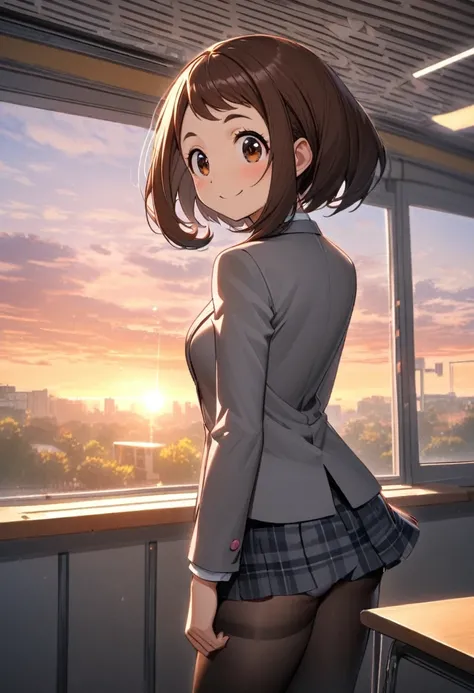 Ochako Uraraka, gray tailored suit, corbata negra, Short skirt, levantando falda 3/4, panties textura floreada, black stockings, glúteos medianos, glúteos perfectos, medium legs, smiling, Classroom, sunrise, back