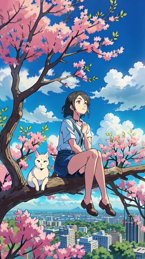 a woman sitting on top of a tree next to a cat, makoto shinkai and artgerm, makoto shinkai ( apex legends ), matoko shinkai, ver...