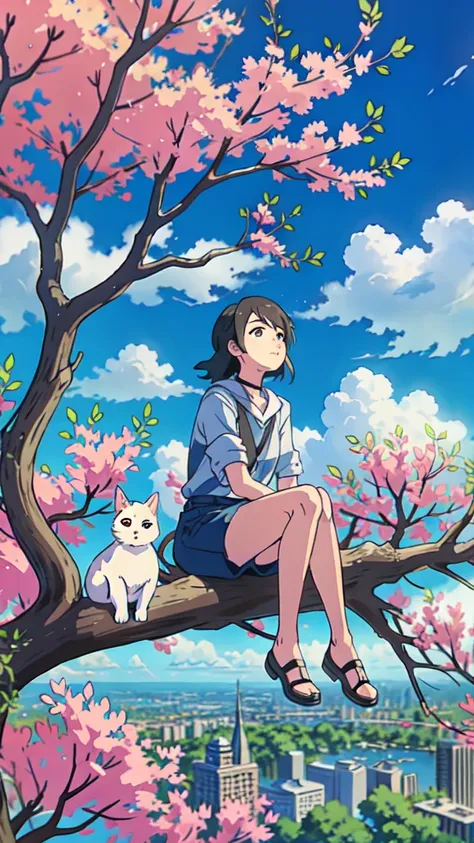 a woman sitting on top of a tree next to a cat, makoto shinkai and artgerm, makoto shinkai ( apex legends ), matoko shinkai, ver...