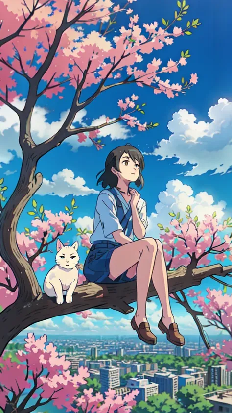 a woman sitting on top of a tree next to a cat, makoto shinkai and artgerm, makoto shinkai ( apex legends ), matoko shinkai, ver...