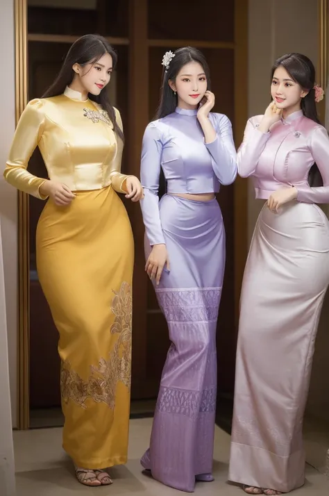 Three Myanmar girls compete with long hair and charismatic beauty owners / smiles, as well as /high hips/a few waists / traditional dresses Clean clothing/sealed silk reflected / decorated silk / artificial / clear maximum image/3D HD