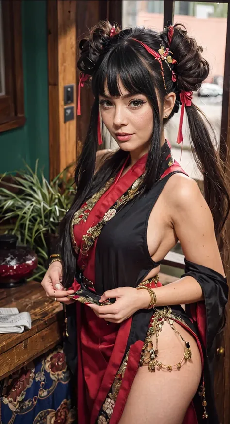 beautiful girl wearing sex kimono , ponitail black hair