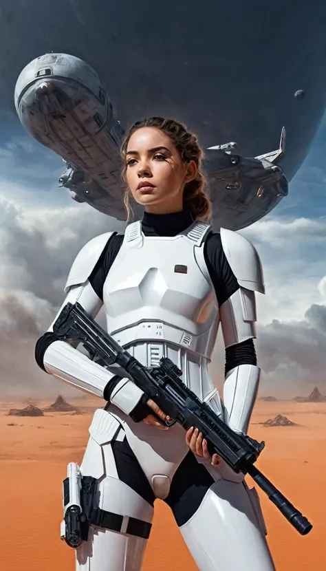 there is a woman holding a gun in front of a spaceship, hyperrealistic fantasy art, eternal disgrace, female storm trooper, planet sky in the background, inspired by Jan Victors, Em primeiro plano, boy with shotgun, Orianna, gray orange, dune (2021) --ar 1...